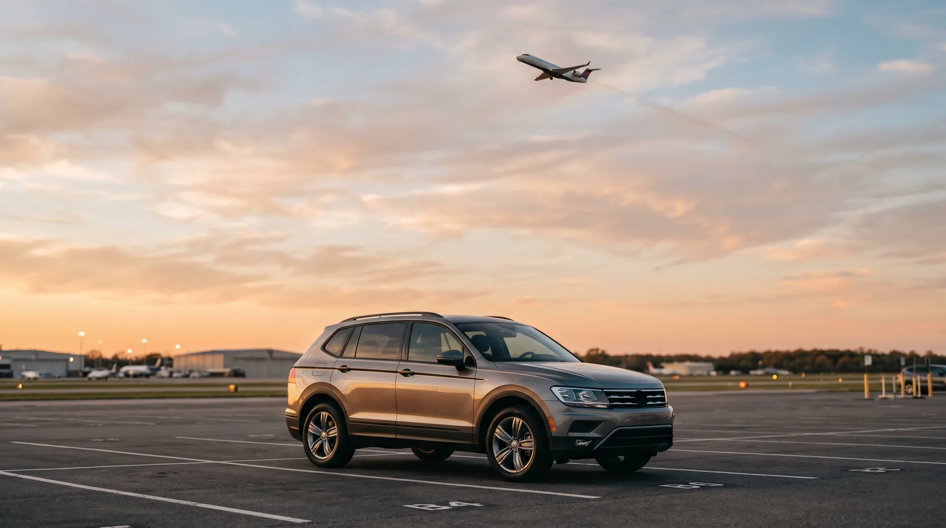 SUV in paking lot, plane taking off in the background